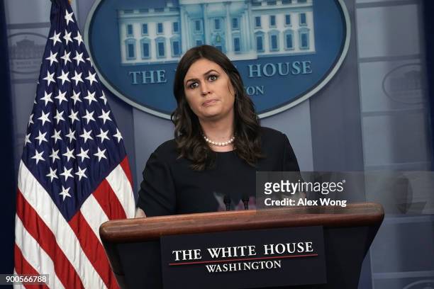 White House Press Secretary Sarah Sanders conducts a daily news briefing at the James Brady Press Briefing of the White House January 2, 2018 in...
