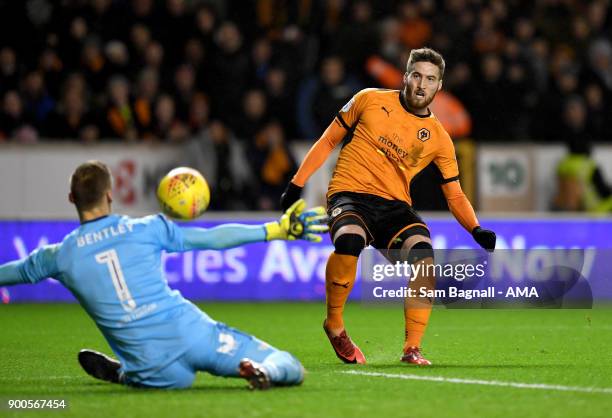 Matt Doherty of Wolverhampton Wanderers sees hi shot saved by Daniel Bentley of Brentford during the Sky Bet Championship match between Wolverhampton...