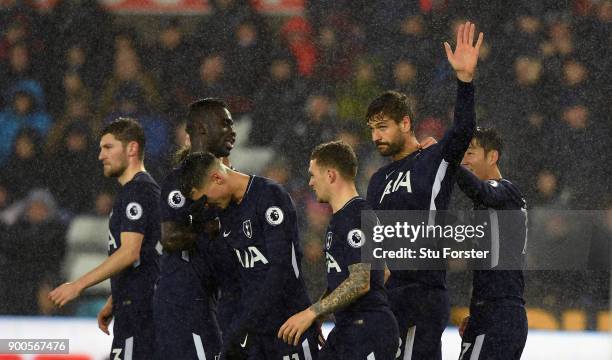 Fernando Llorente of Tottenham Hotspur celebrates after scoring his sides first goal with his Tottenham Hotspur team mates during the Premier League...