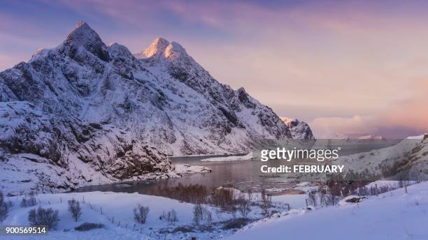 view of lofoten in winter, norway - reine fotografías e imágenes de stock