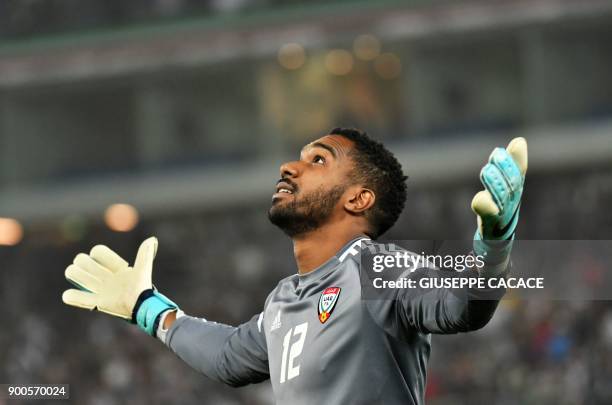 S goalkeeper Khalid Eisa celebrates after saving a penalty during the 2017 Gulf Cup of Nations semi-final football match between Iraq and the UAE at...