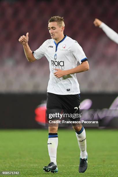 Timothy Castagne of Atalanta BC celebrates after scoring the 0-1 goal during the TIM Cup match between SSC Napoli and Atalanta BC on January 2, 2018...