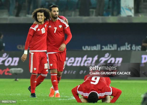 S Omar Abdulrahman , Ali Mabkhout and Mohanad Salem celebrate after winning the penalty shoot-out at the end of the 2017 Gulf Cup of Nations...