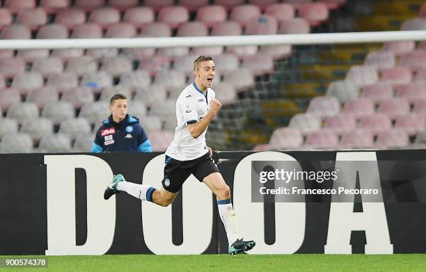 Timothy Castagne of Atalanta BC celebrates after scoring the 0-1 goal during the TIM Cup match between SSC Napoli and Atalanta BC on January 2, 2018...