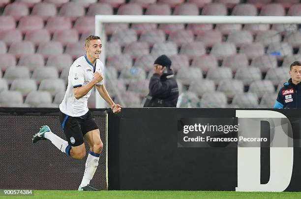 Timothy Castagne of Atalanta BC celebrates after scoring the 0-1 goal during the TIM Cup match between SSC Napoli and Atalanta BC on January 2, 2018...