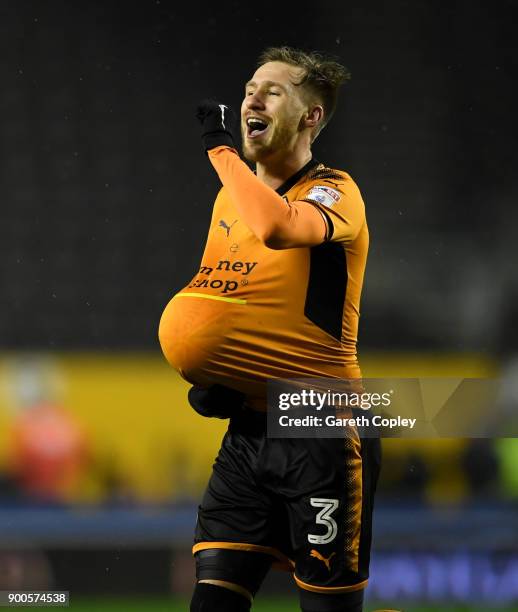 Barry Douglas of Wolverhampton Wanderers celebrates scoring his team's second goal during the Sky Bet Championship match between Wolverhampton and...