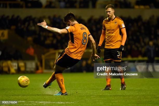 Ruben Neves of Wolverhampton scores the first goal of the game during the Sky Bet Championship match between Wolverhampton and Brentford at Molineux...