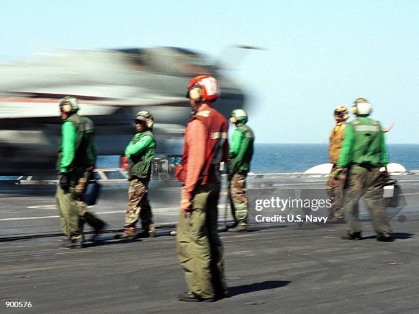 An EA-6B "Prowler" jet launches from the flight deck of the USS Carl Vinson November 7, 2001 during flight operations in support of Operation...