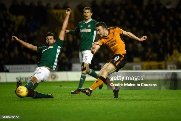 Diogo Jota of Wolverhampton Wanderers shoots at goal during the Sky Bet Championship match between Wolverhampton and Brentford at Molineux on January...