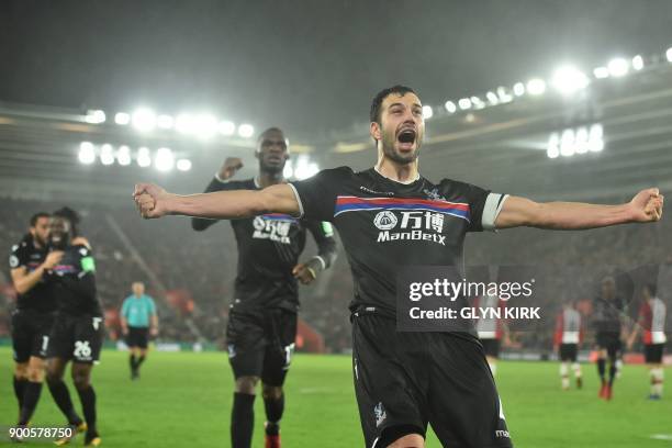 Crystal Palace's Serbian midfielder Luka Milivojevic celebrates after scoring their second goal during the English Premier League football match...