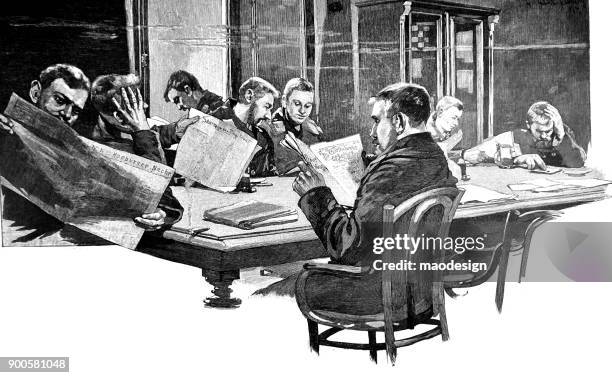 several men read newspapers in the library - 1896 - magazine table stock illustrations