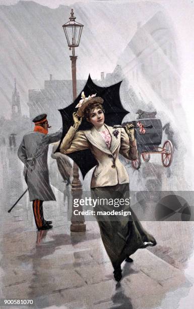 young woman walks on the street with umbrella in the rain - 1896 - sketch young woman stock illustrations