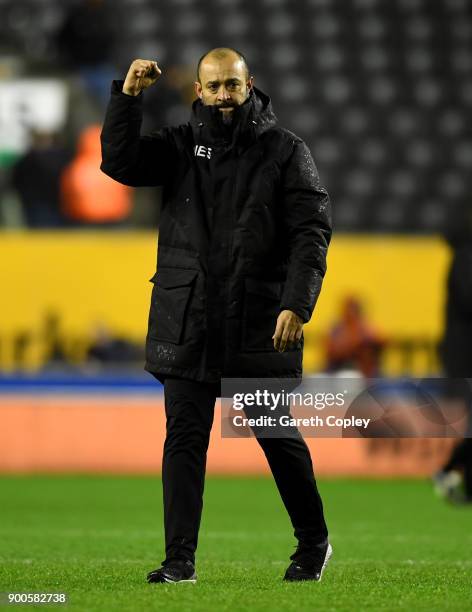 Wolves manager Nuno Espirito Santo celebrates winning the Sky Bet Championship match between Wolverhampton and Brentford at Molineux on January 2,...