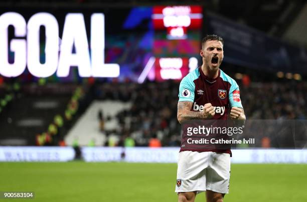 Marko Arnautovic of West Ham United celebrates his sides second goal during the Premier League match between West Ham United and West Bromwich Albion...