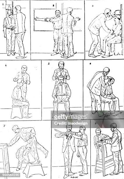 stockillustraties, clipart, cartoons en iconen met medische metingen van het lichaam van de man - 1896 - arts culture and entertainment
