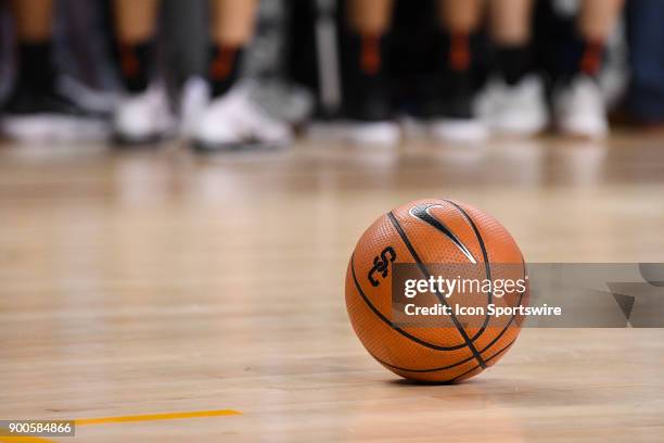 Basketball with the USC logo lays on the court during a college basketball game between the Princeton Tigers and the USC Trojans on December 20 at...
