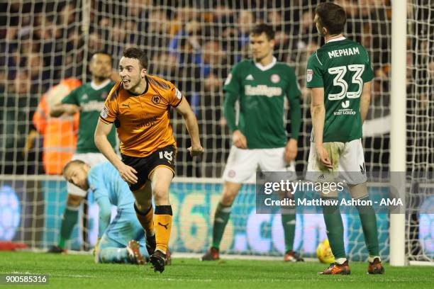 Diogo Jota of Wolverhampton Wanderers celebrates after scoring a goal to make it 3-0 during the Sky Bet Championship match between Wolverhampton and...