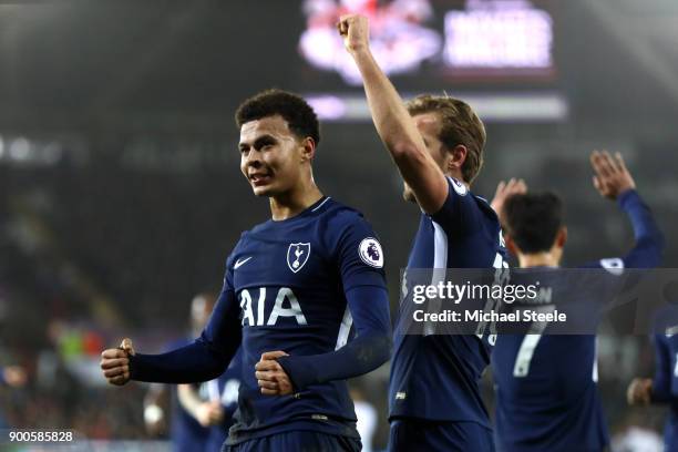Dele Alli of Tottenham Hotspur celebrates after scoring his sides second goal with Harry Kane of Tottenham Hotspur during the Premier League match...