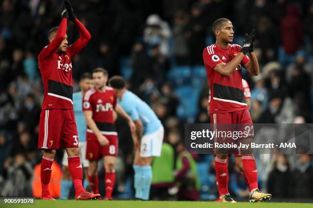 Marvin Zeegelaar of Watford applauds the fans at full time during the Premier League match between Manchester City and Watford at Etihad Stadium on...