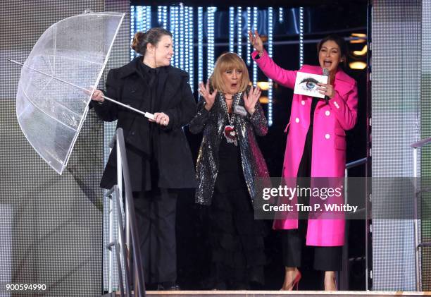 Amanda Barrie with host Emma Willis as she enters the "Celebrity Big Brother" House at Elstree Studios on January 2, 2018 in Borehamwood, England.