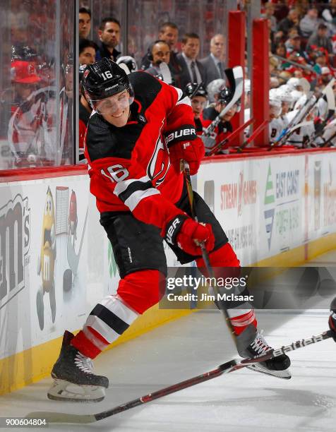 Steven Santini of the New Jersey Devils in action against the Chicago Blackhawks on December 23, 2017 at Prudential Center in Newark, New Jersey. The...