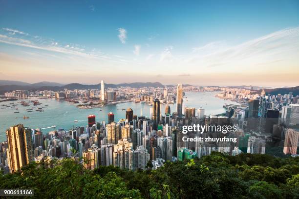 aerial view of hong kong - office building exterior dusk stock pictures, royalty-free photos & images