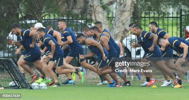Players durin g a Parramatta Eels NRL pre-season training session at Old Saleyards Reserve on January 3, 2018 in Sydney, Australia.
