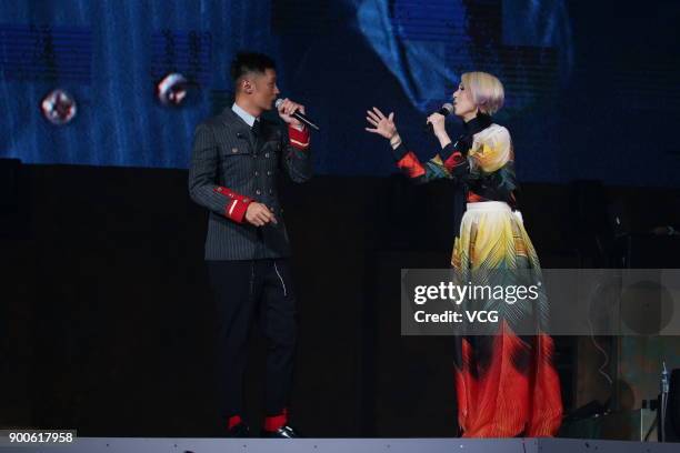 Actor and singer Shawn Yue and actress and singer Miriam Yeung perform during Miriam Yeung 321Go! tour concert 2017 at Hong Kong Coliseum on January...