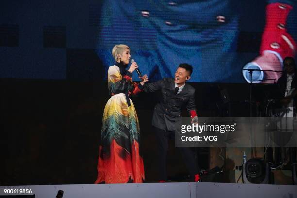 Actor and singer Shawn Yue and actress and singer Miriam Yeung perform during Miriam Yeung 321Go! tour concert 2017 at Hong Kong Coliseum on January...