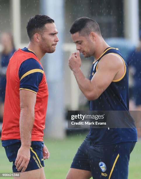 Corey Norman and Jarryd Hayne during a Parramatta Eels NRL pre-season training session at Old Saleyards Reserve on January 3, 2018 in Sydney,...