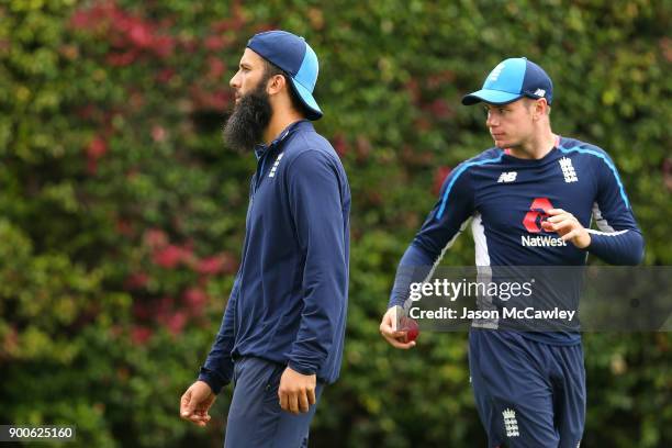 Moeen Ali and Mason Crane of England during an England nets session at the Sydney Cricket Ground on January 3, 2018 in Sydney, Australia.