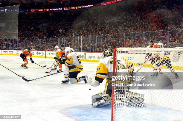 Philadelphia Flyers defenseman Brandon Manning fires his shot during the NHL game between the Pittsburgh Penguins and the Philadelphia Flyers on...