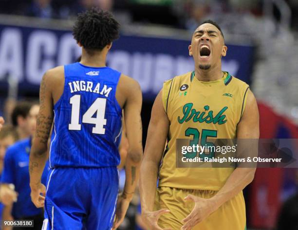 Notre Dame's Bonzie Colson celebrates as a timeout is called during action against Duke in the quarterfinals of the ACC Tournament at the Verizon...