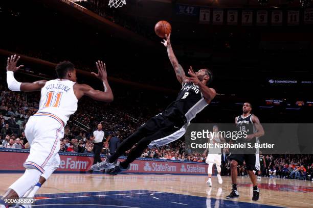 Kawhi Leonard of the San Antonio Spurs rebounds the ball during the game against the New York Knicks on January 2, 2018 at Madison Square Garden in...