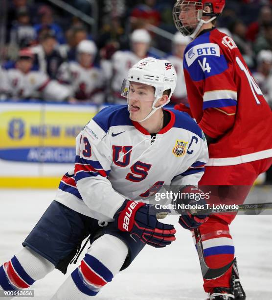 Kieffer Bellows of United States skates against Russia during the first period of play in the Quarterfinal IIHF World Junior Championship game at the...