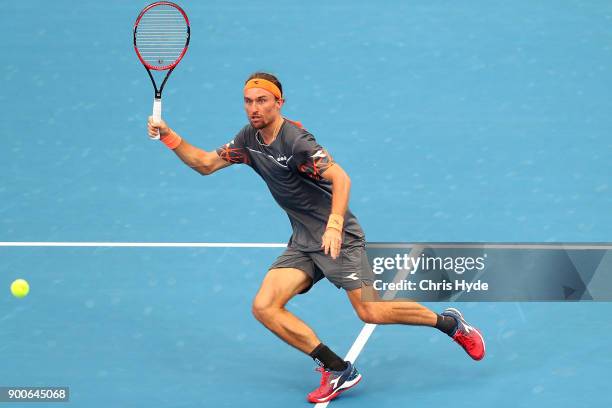 Alexandr Dolgopolov of Ukraine plays a forehand in his match against Horacio Zeballos of Argentina during day four of the 2018 Brisbane International...