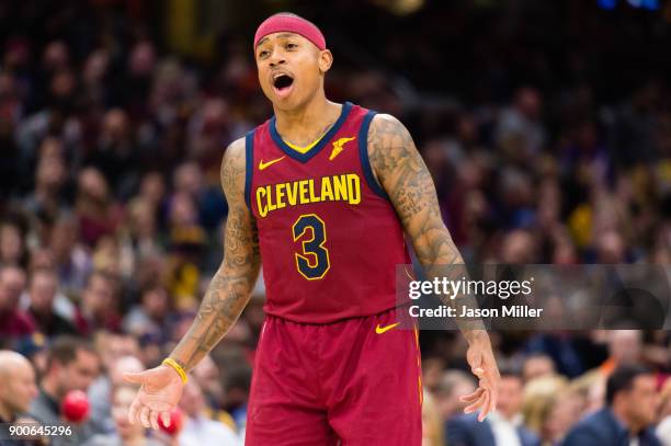 Isaiah Thomas of the Cleveland Cavaliers yells to a teammate during the second half against the Portland Trail Blazers at Quicken Loans Arena on...