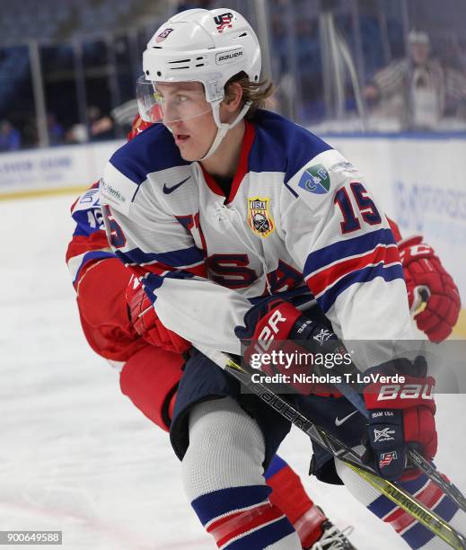 Scott Perunovich of United States skates against Russia during the second period of play in the Quarterfinal IIHF World Junior Championship game at...