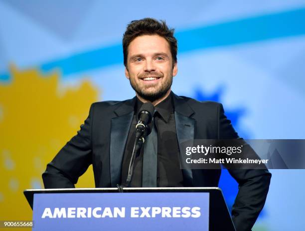 Sebastian Stan speaks onstage at the 29th Annual Palm Springs International Film Festival Awards Gala at Palm Springs Convention Center on January 2,...