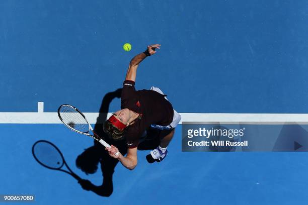 Alexander Zverev of Germany serves to Vasek Pospisil of Canada in the mens singles match on Day Five of the 2018 Hopman Cup at Perth Arena on January...