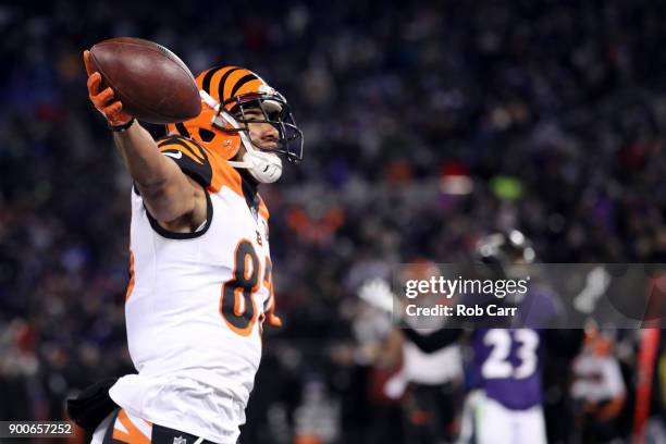 Wide receiver Tyler Boyd of the Cincinnati Bengals celebrates after scoring the game winning touchdown against the Baltimore Ravens at M&T Bank...