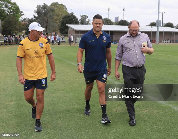 Jarryd Hayne with Coach Brad Arthur after holding a press conference at Parramatta Eels training at Old Saleyards Reserve on January 3, 2018 in...
