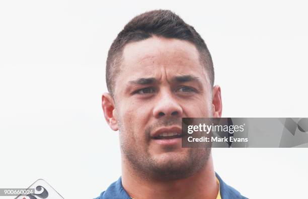 Jarryd Hayne speaks during a press conference after Parramatta Eels training at Old Saleyards Reserve on January 3, 2018 in Sydney, Australia.