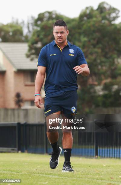 Jarryd Hayne arrives for a press conference after Parramatta Eels training at Old Saleyards Reserve on January 3, 2018 in Sydney, Australia.