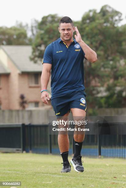 Jarryd Hayne arrives for a press conference after Parramatta Eels training at Old Saleyards Reserve on January 3, 2018 in Sydney, Australia.