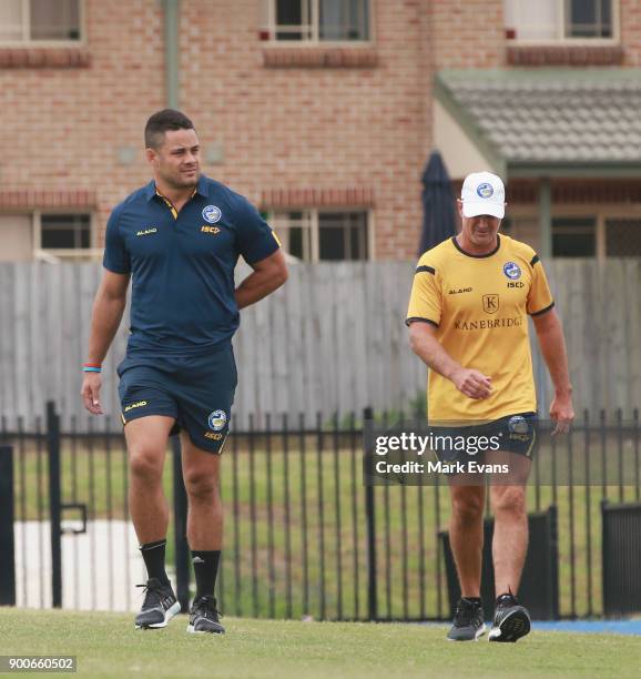 Jarryd Hayne arrives for a press conference with Coach Brad Artur after Parramatta Eels training at Old Saleyards Reserve on January 3, 2018 in...