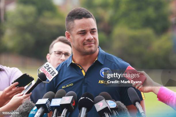 Jarryd Hayne speaks during a press conference after Parramatta Eels training at Old Saleyards Reserve on January 3, 2018 in Sydney, Australia.