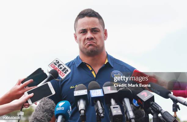 Jarryd Hayne speaks during a press conference after Parramatta Eels training at Old Saleyards Reserve on January 3, 2018 in Sydney, Australia.