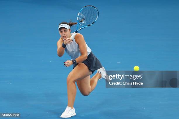 Ana Konjuh of Croatia plays a forehand in her match against Elina Svitolina of Ukraine during day four of the 2018 Brisbane International at Pat...