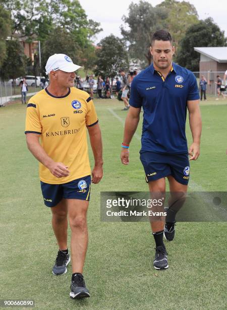 Jarryd Hayne and Coach Brad Arthur after a press conference after Parramatta Eels training at Old Saleyards Reserve on January 3, 2018 in Sydney,...